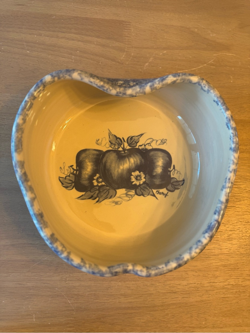Vintage Ellis Pottery Apple Dish: Blue Spongeware Stoneware, Hand-Painted